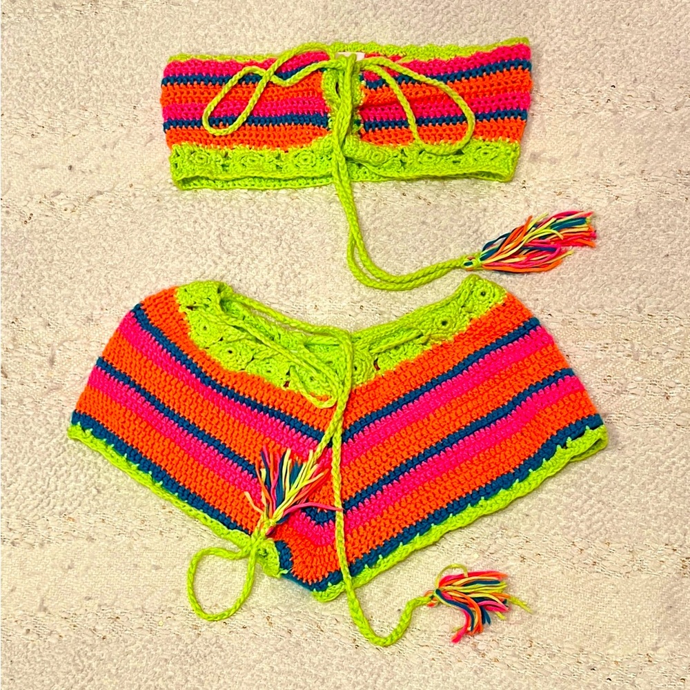 Dolls Kill Neon Crochet Top and short Set Small